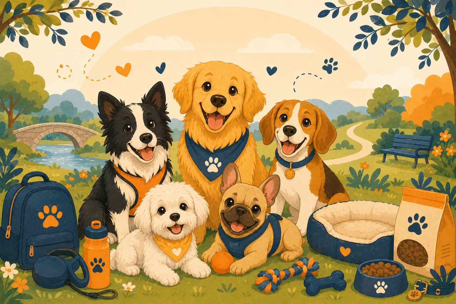Illustration de chiens entourés d'accessoires, de jouets, d'un panier et de croquettes